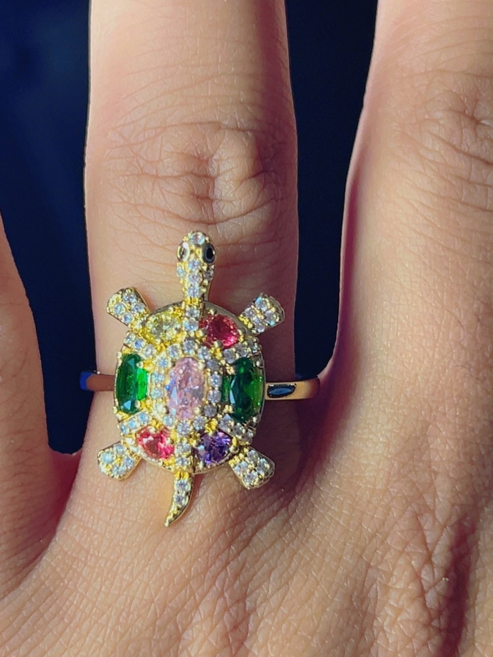 Gold-Tone Multicolor Turtle Cocktail Ring - Pink, Green, Purple Accents